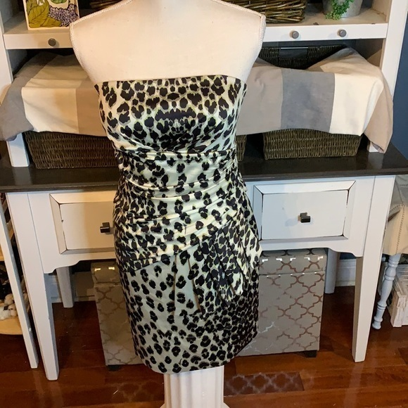 Alphorria Leopard Print Black/Tan Strapless‎ Mini Side Pleated Dress Size P/4 - Picture 1 of 12